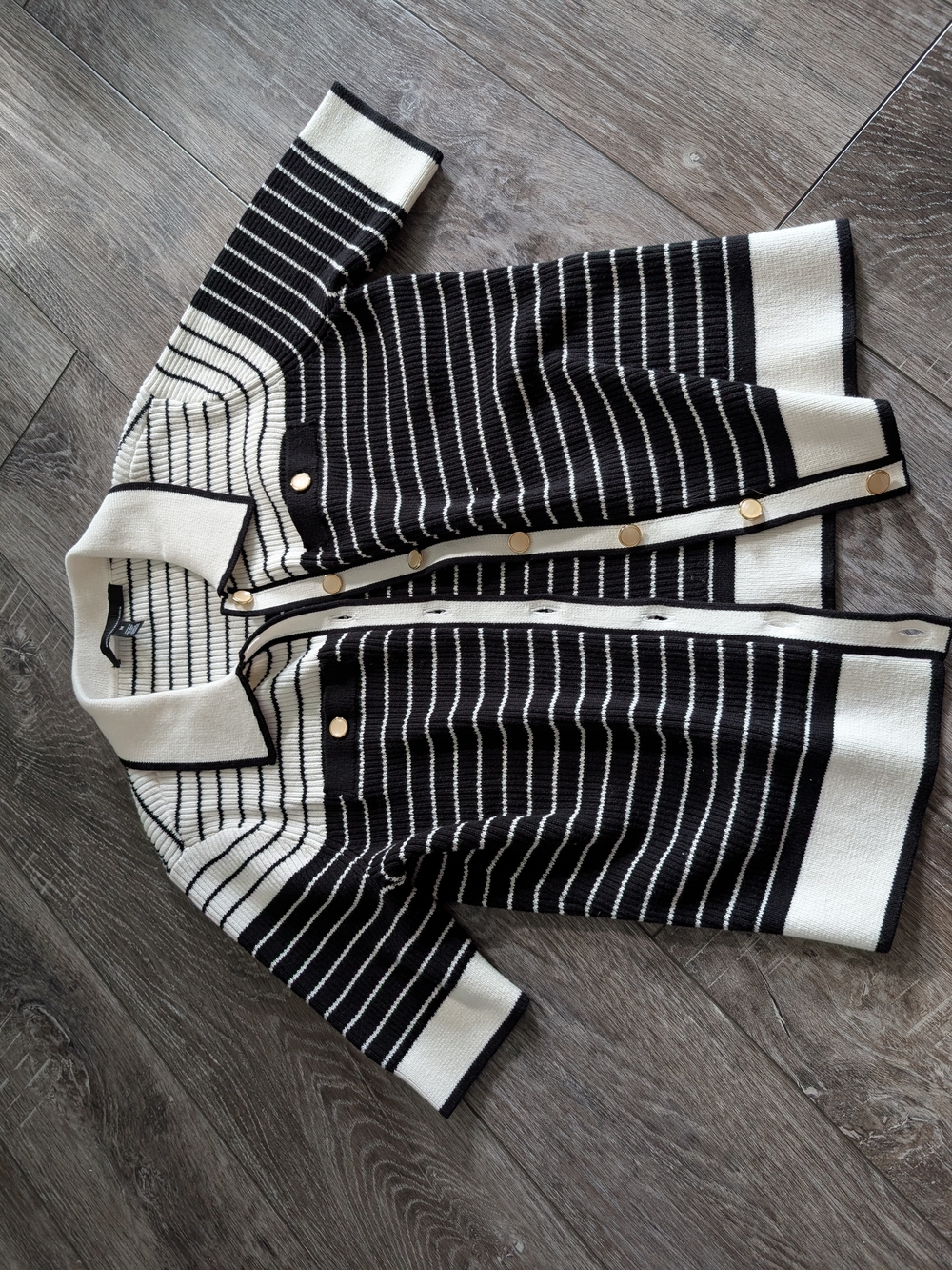 White House Black Market Black and White Striped Knit Blazer with Gold Buttons
